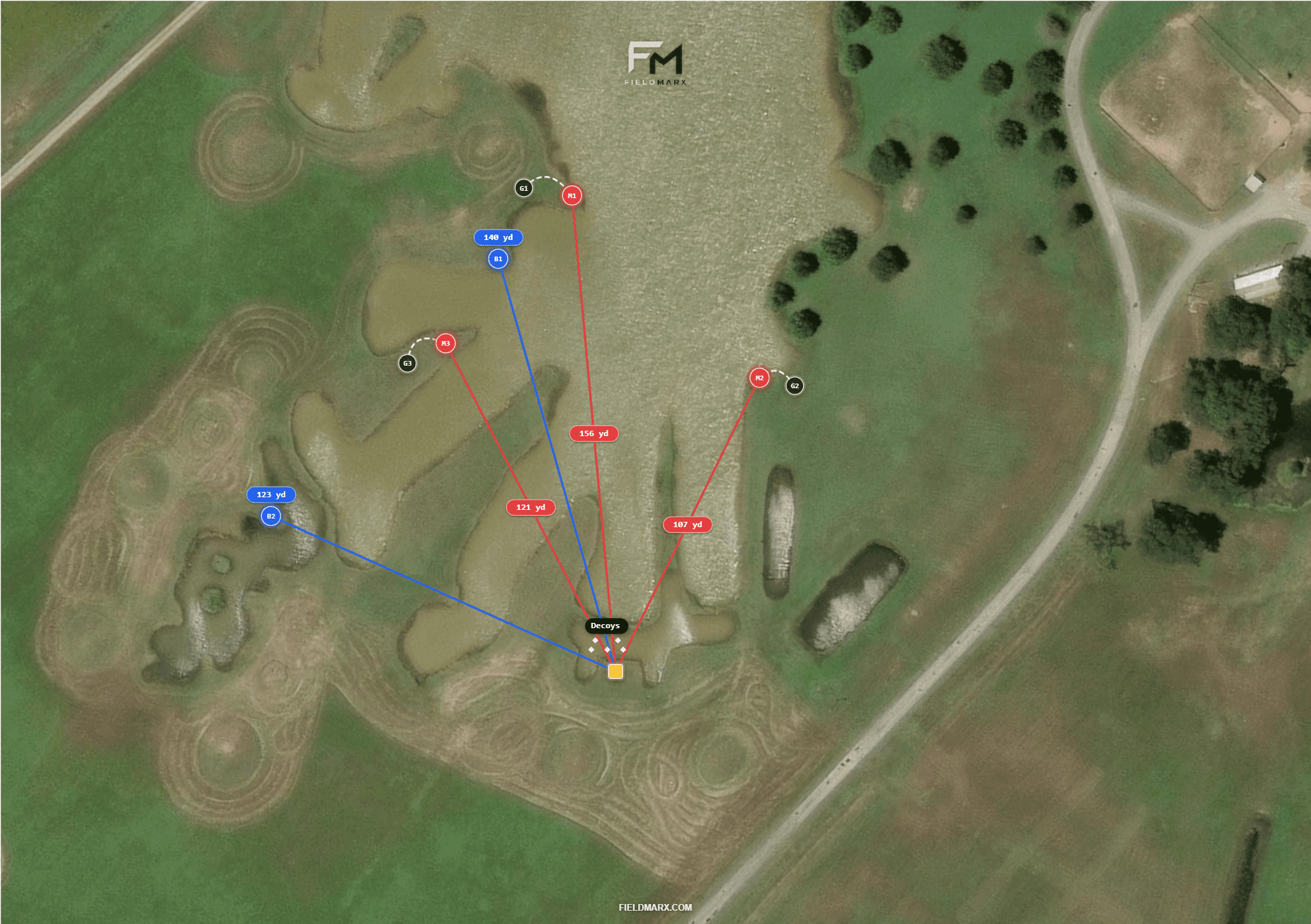 A FieldMarx setup with the mat, marks, blinds, and gunners placed on satellite imagery.