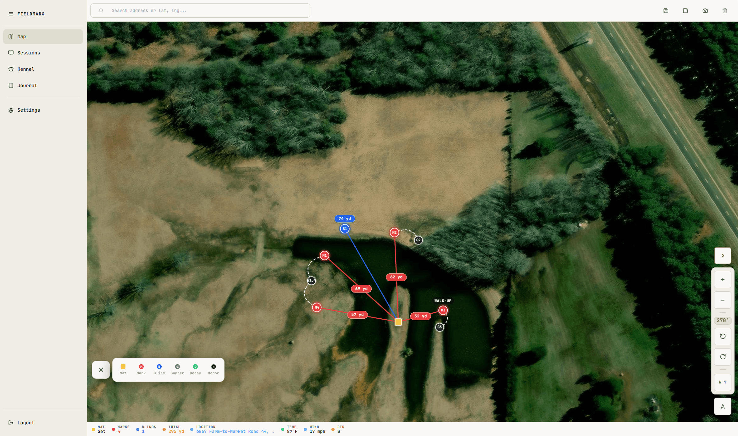 FieldMarx web app showing a training setup with marks, blinds, and gunners placed on satellite imagery.